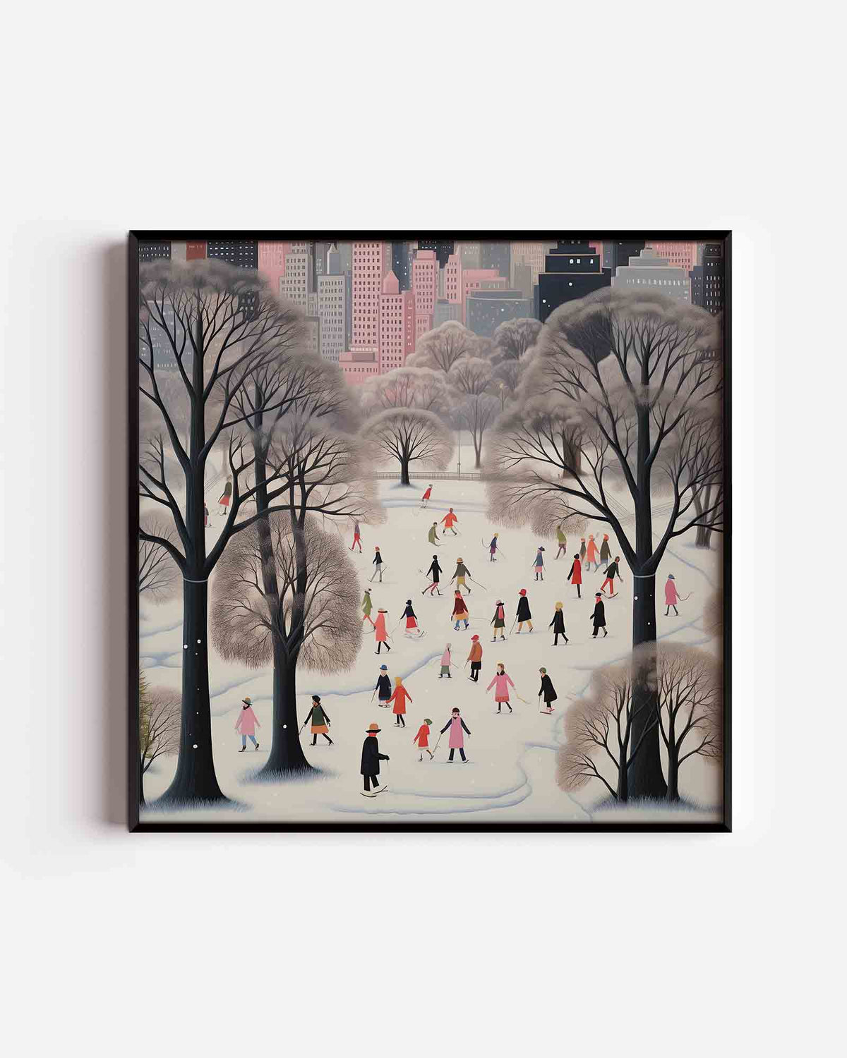 Schaatsers in park – kerst vierkante poster als wanddecoratie
