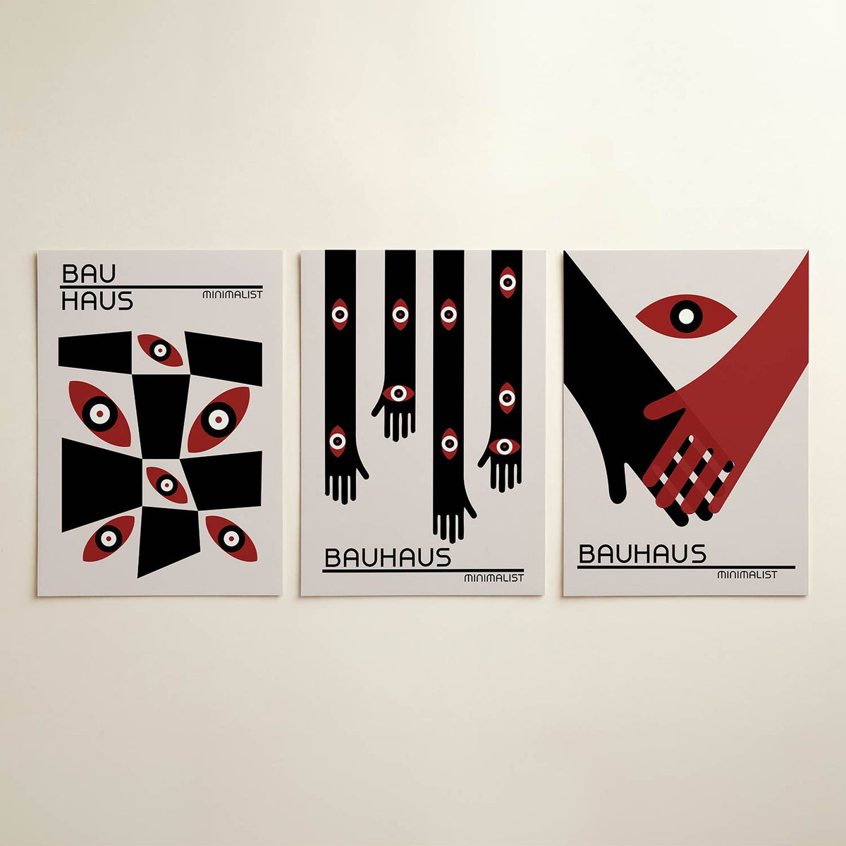 Vormen en vlakken posterset – detailweergave – deze posterset in drie delen toont een spel van zwarte en rode vormen op een
