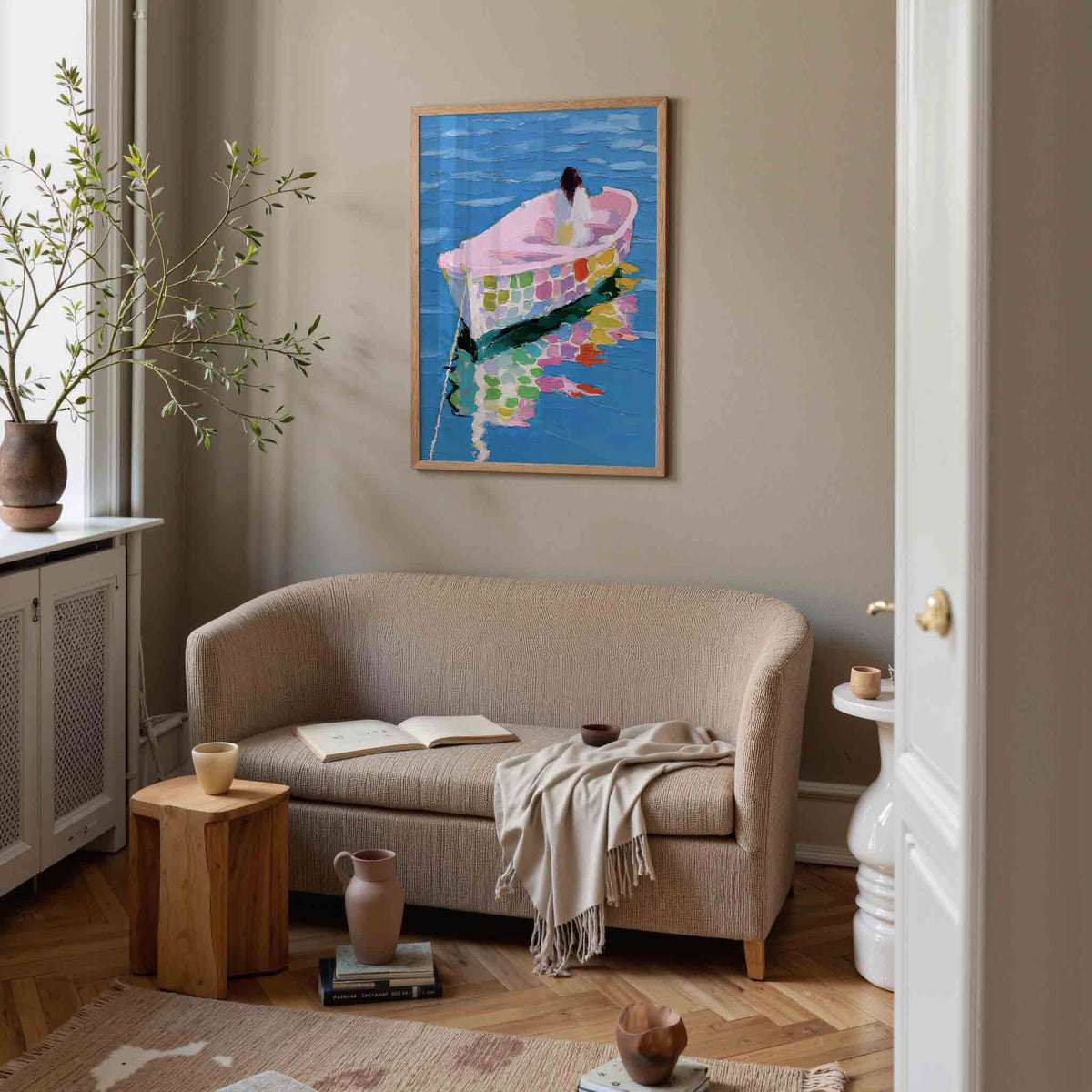 Boot op blauwe zee – illustratie poster in staand formaat