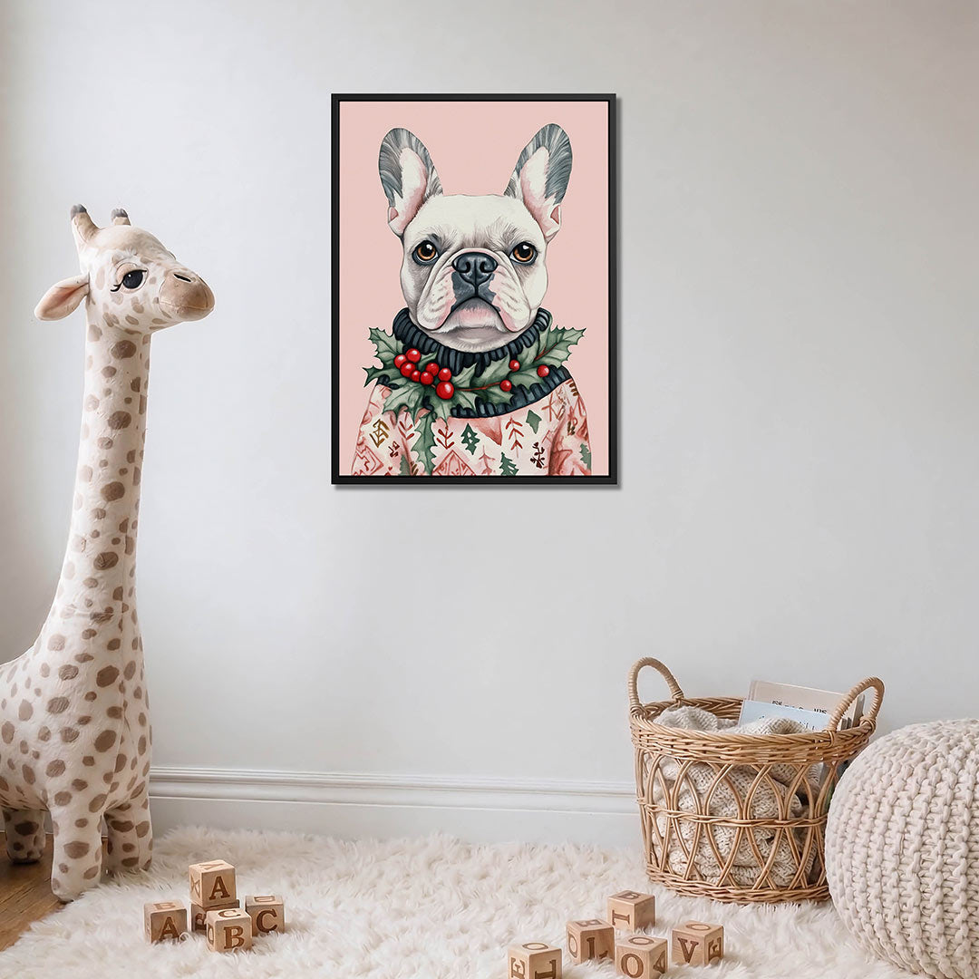 Hond met kersttrui – moderne staande wandkunst