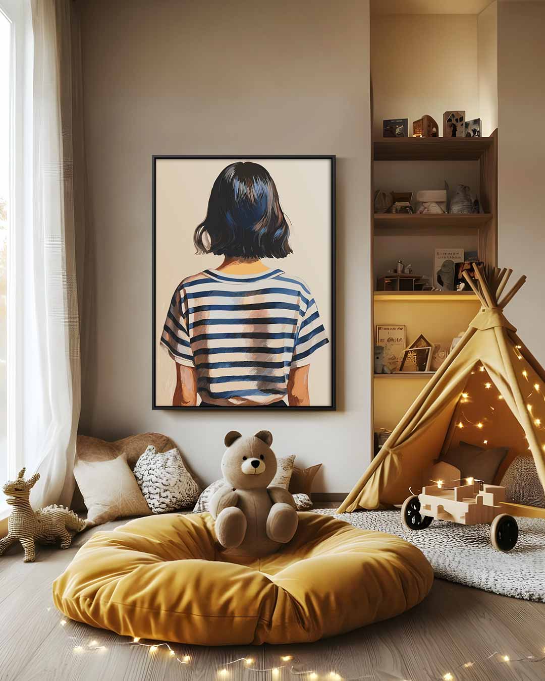 Strepen en Stille Reflectie – modern portret kunstwerk van WallArtistic