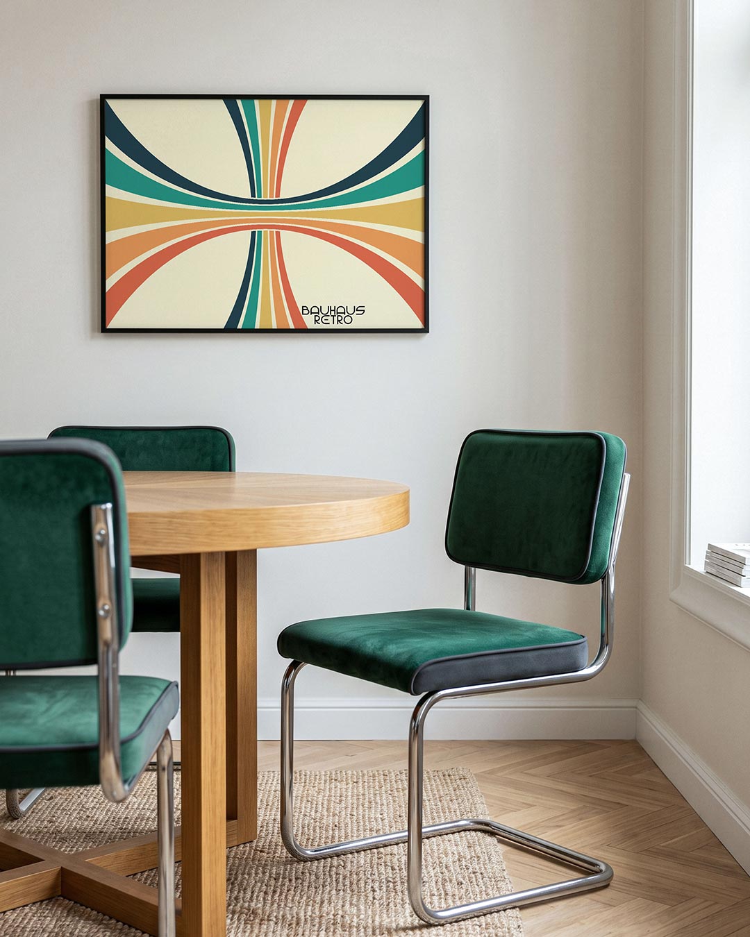 Kleurvolle booglijnen – liggende Bauhaus poster voor aan de muur
