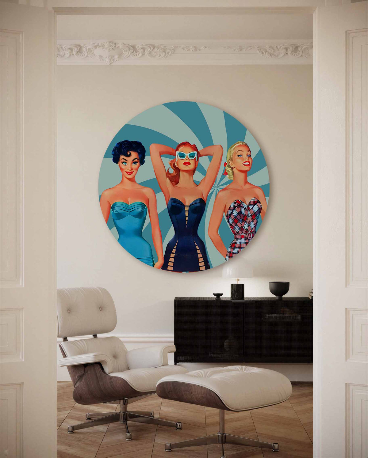 Retro dames in badmode – muurcirkel met kleur en vormen voor aan de muur