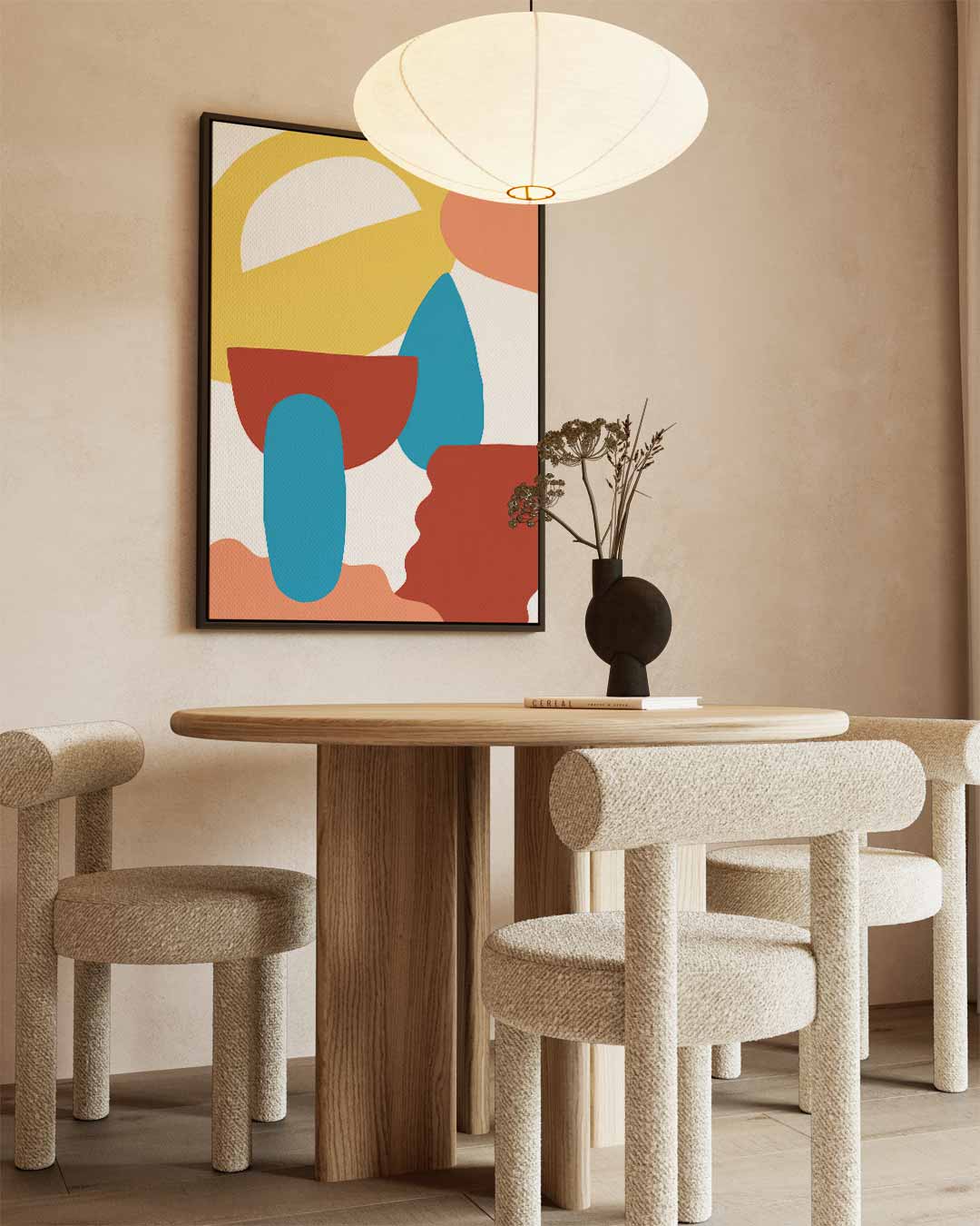 Speelse Vormen en Kleuren – kunstwerk met zwarte baklijst