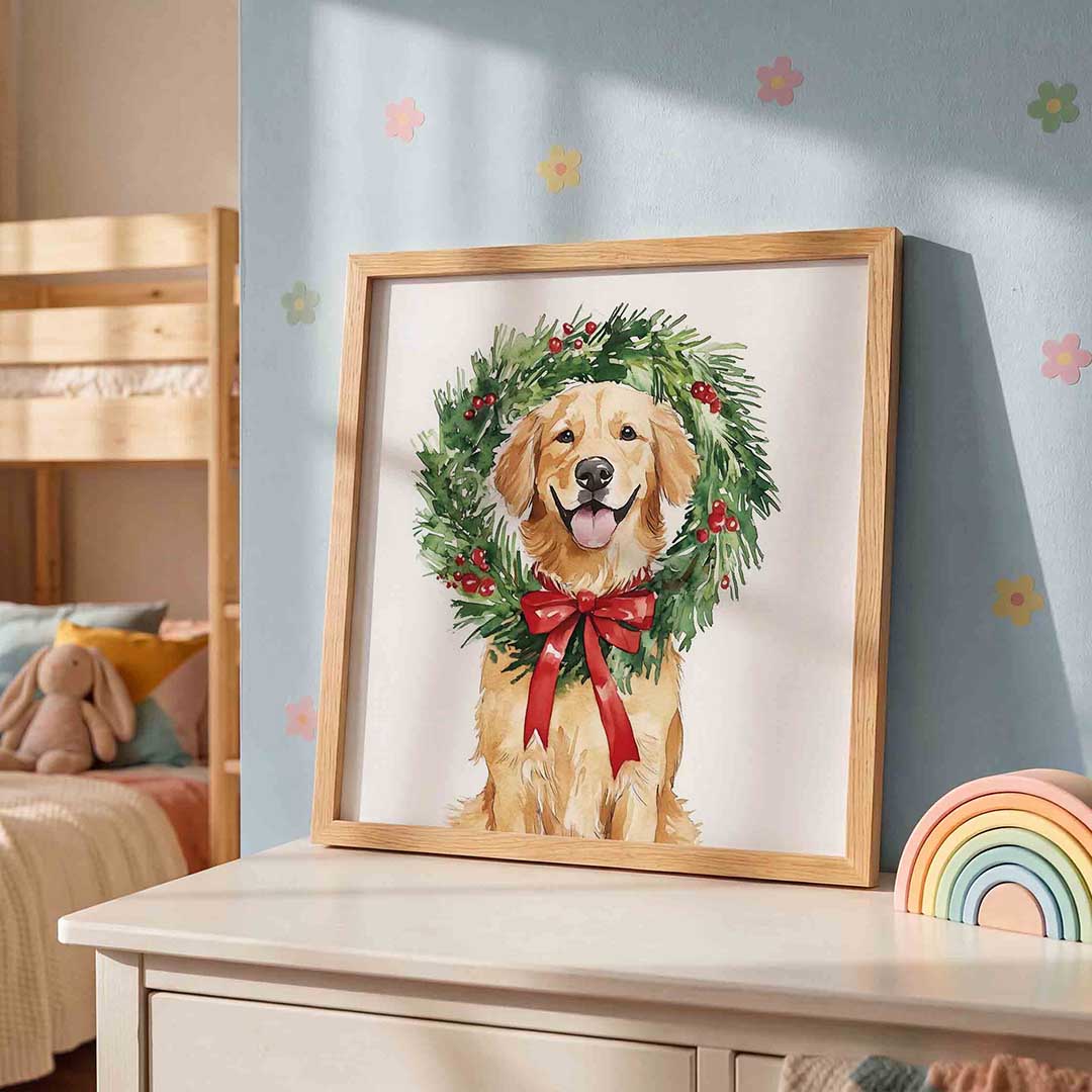 Hond met krans – speelse wandkunst als vierkante kinderposter