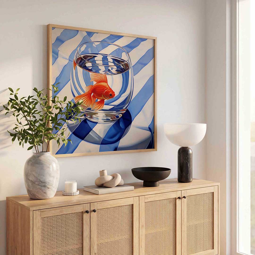 Goudvis in glas – dierenillustratie als vierkante poster