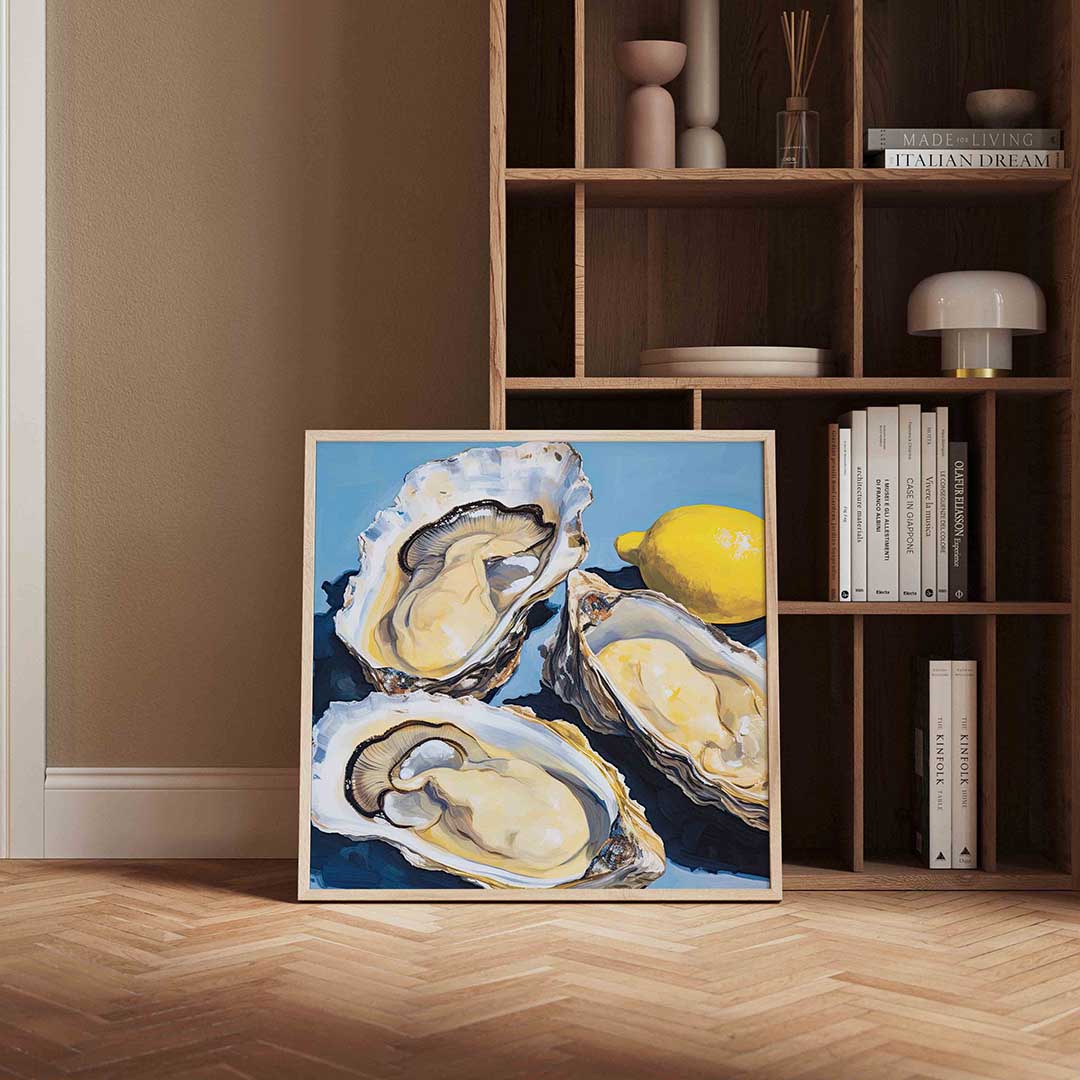 Oesters en citroen – kleurrijke vierkante wanddecoratie van WallArtistic