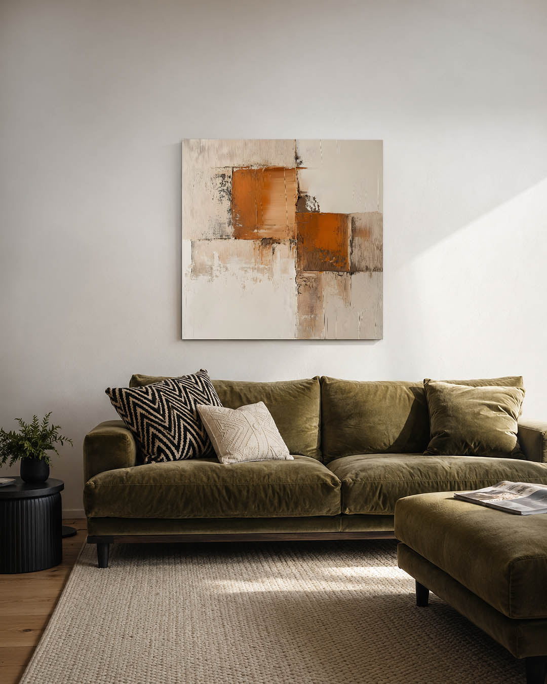 Geometrische vormen kunstwerk – derde productweergave – dit werk toont een compositie van rechthoeken in aardetinten. De