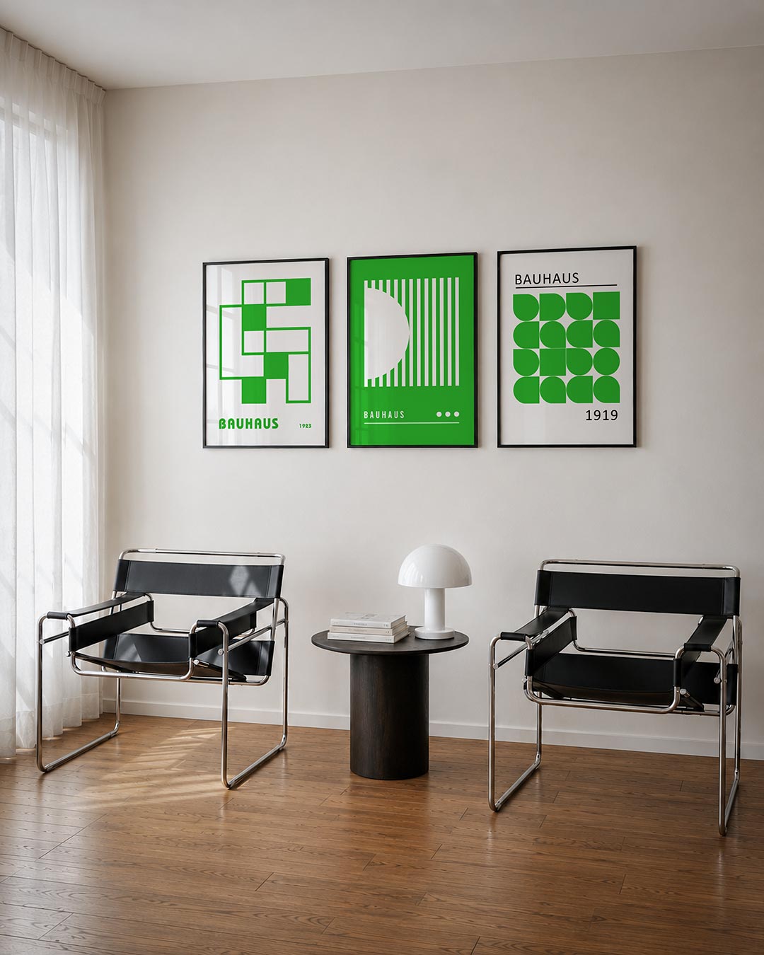 Groene vlakstructuur posterset – tweede productweergave – deze posterset toont een speelse ordening van groene en witte
