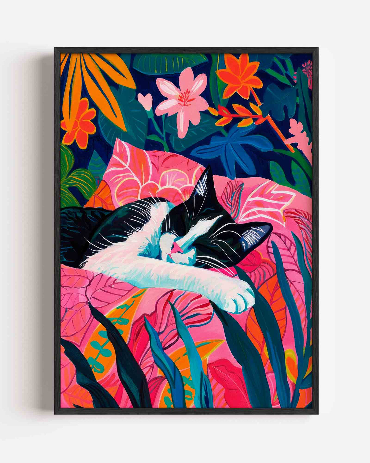 Kat tussen kleurrijke bladeren – kleurrijke illustratie portret poster als wanddecoratie