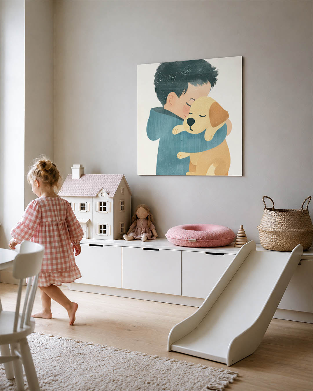 Knuffelende vrienden kunstwerk – tweede productweergave – dit kunstwerk toont een kind dat een hond omarmt. De zachte lijnen
