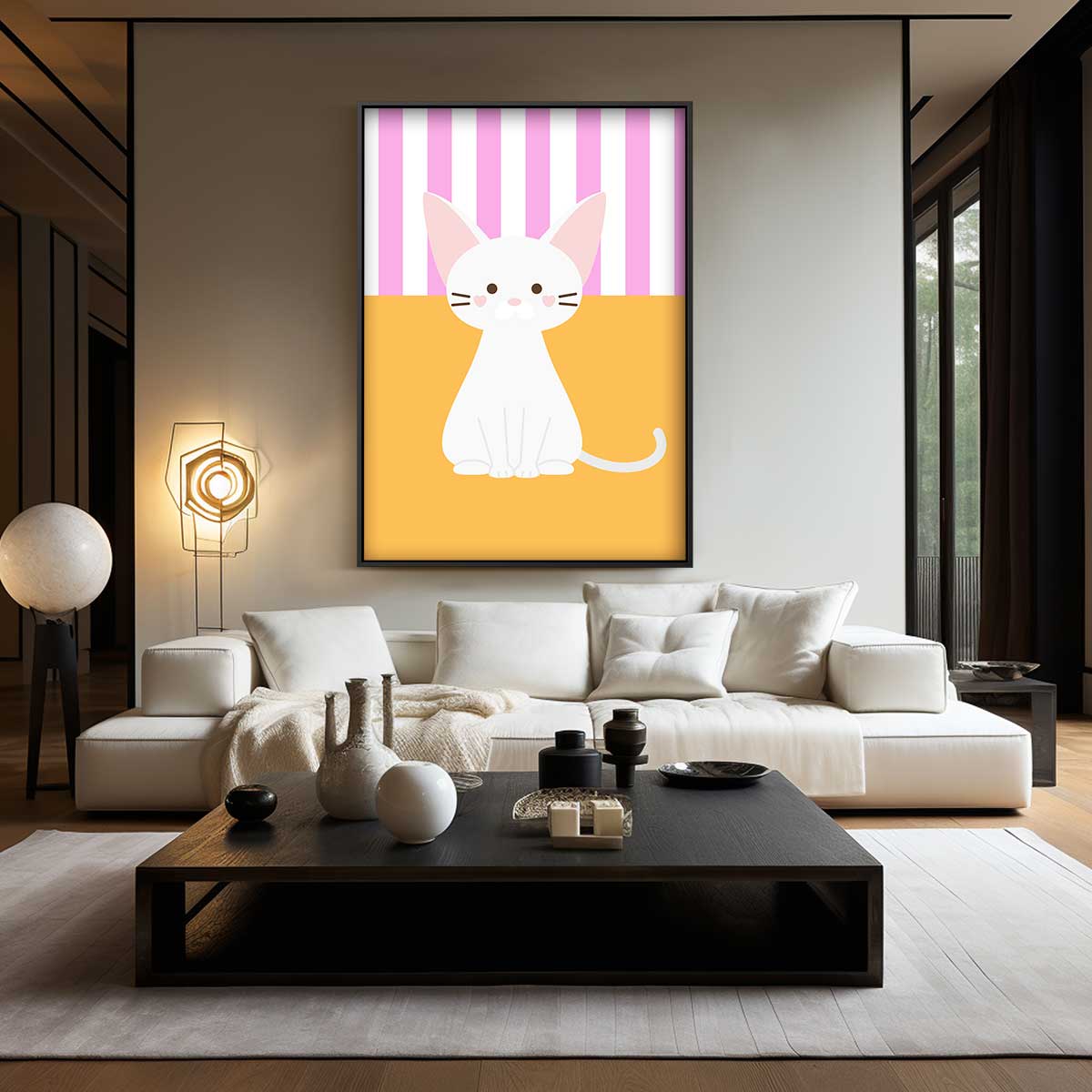 Schattige Kat op Streepjesachtergrond – canvas wanddecoratie in portret formaat