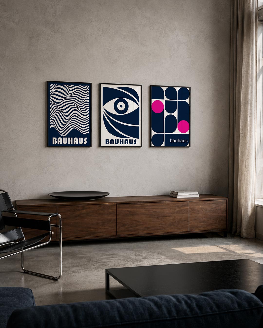 Golvend lijnenspel posterset – tweede productweergave – deze posterset toont een dynamisch lijnenspel met golvende witte