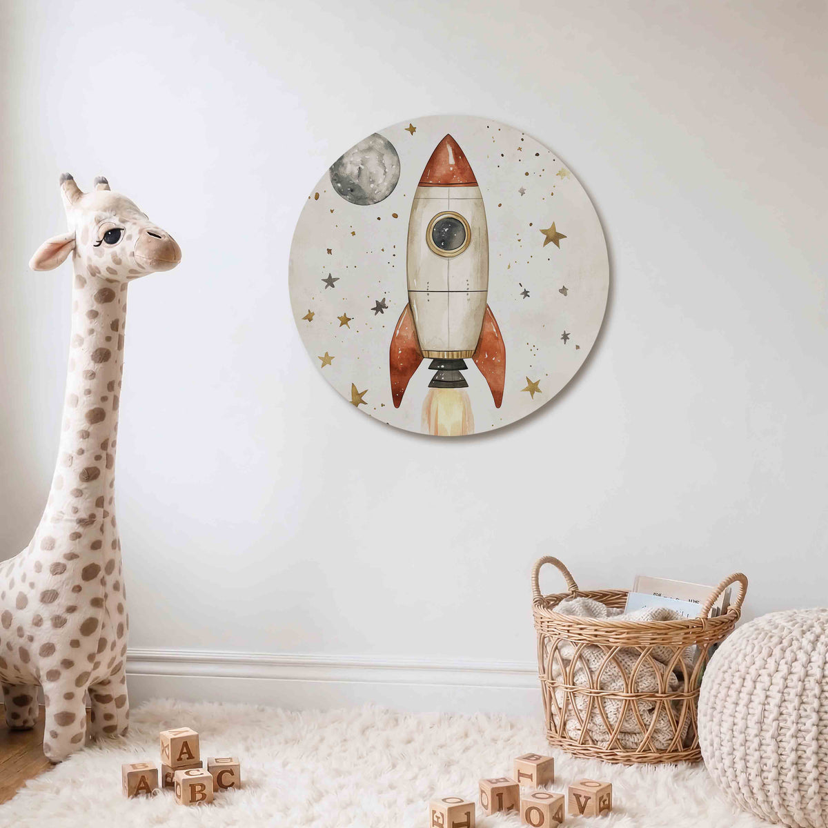 Raket en sterren Muurcirkel – Een raket in beige en rood met een maan en sterren op de achtergrond.