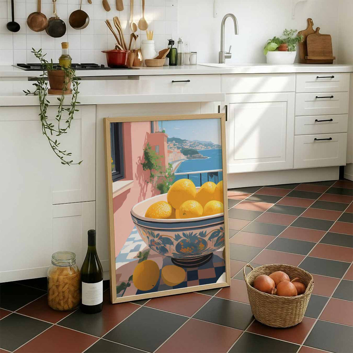 Zonnige Citroenuitzicht – staande muurposter voor keuken of eethoek