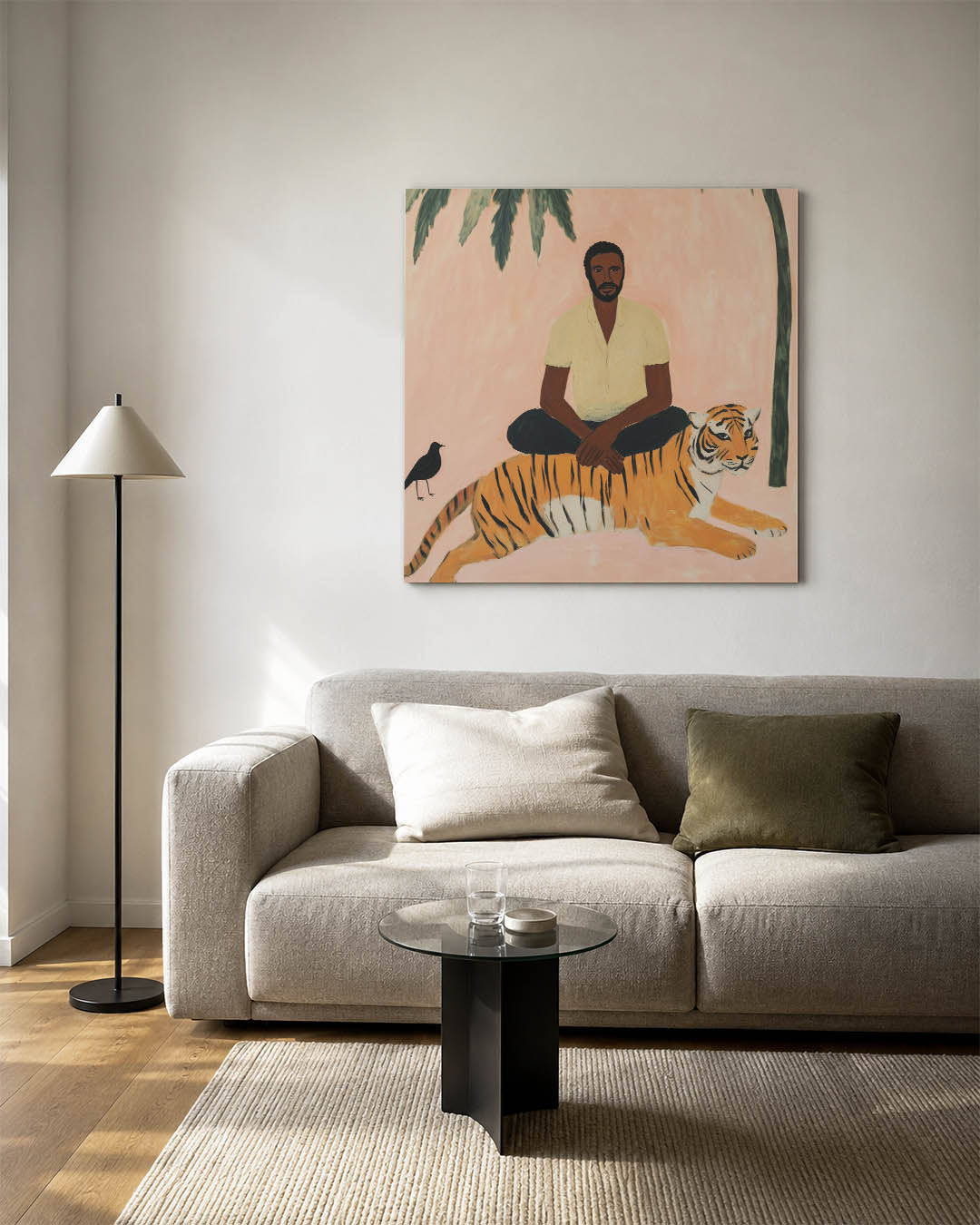 Dromerige scene kunstwerk – detailweergave – dit werk toont een serene compositie met een man en een tijger tegen een zachte