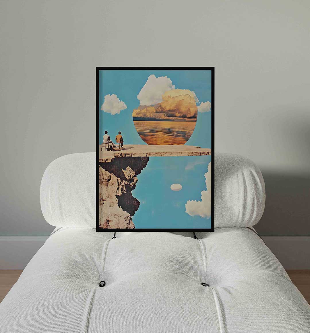 Twee figuren op klif – staande surrealistische wanddecoratie van WallArtistic