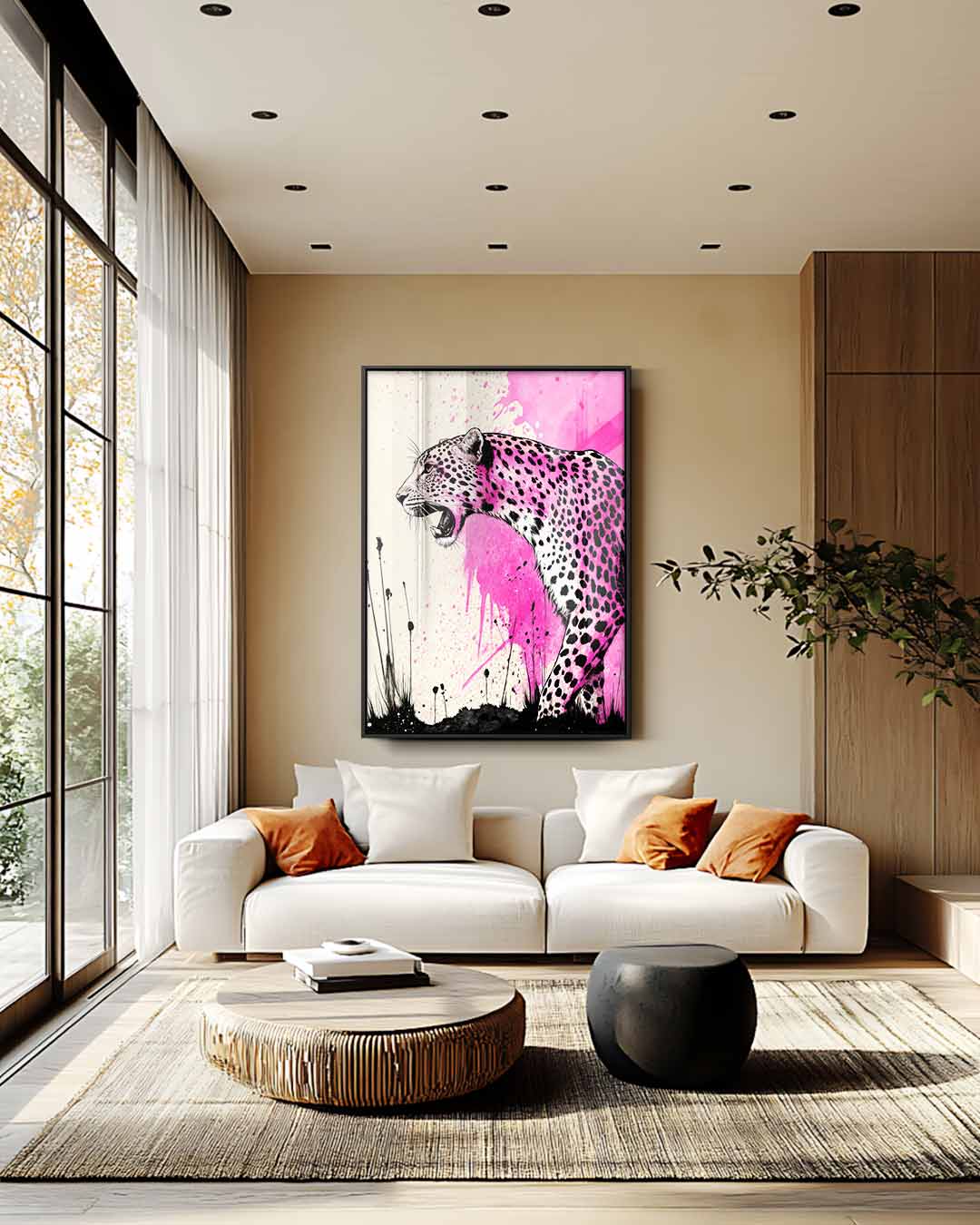 Roze Luipaard Expressie – dibond wanddecoratie in staand formaat