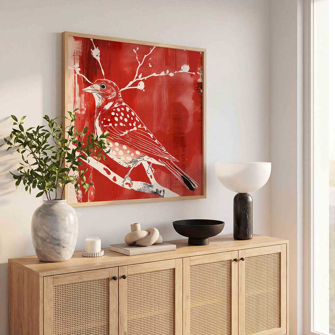 Vogel op tak – illustratie poster in vierkant formaat