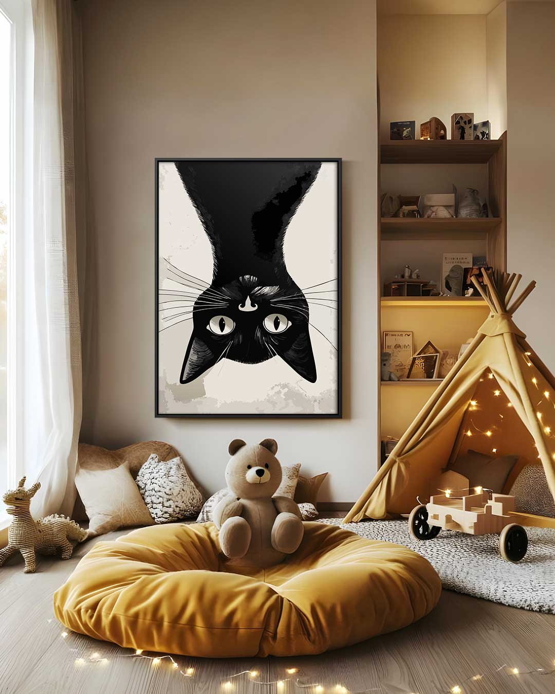 Omgekeerde Kat Verwondering – canvas wanddecoratie in portret formaat