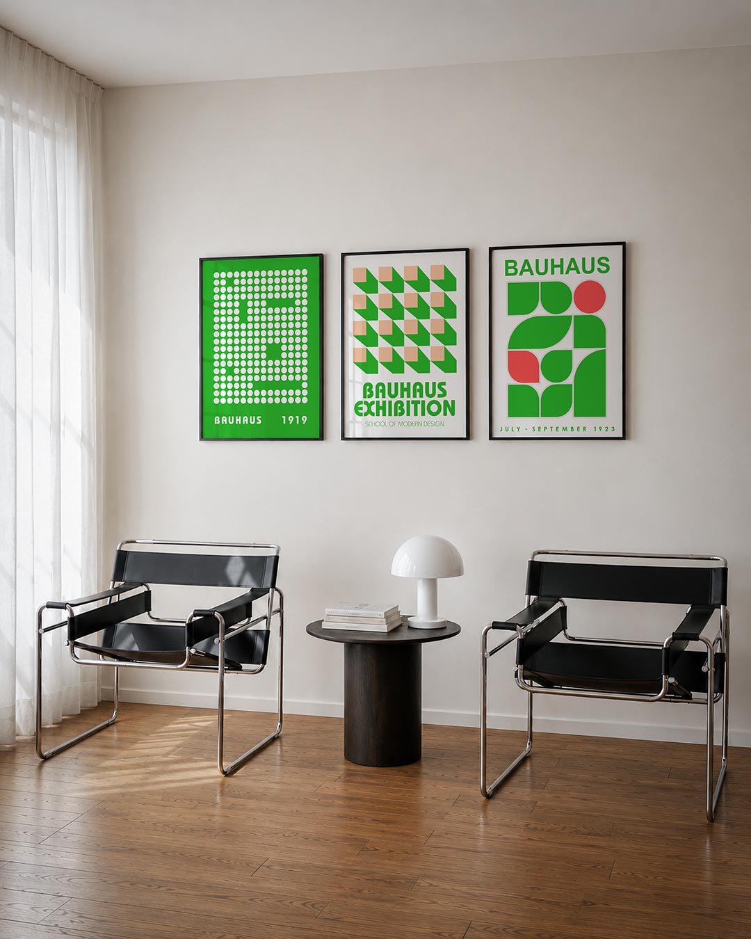 Cirkelpatroon ritme posterset – tweede productweergave – een levendige groene achtergrond met een patroon van witte cirkels.