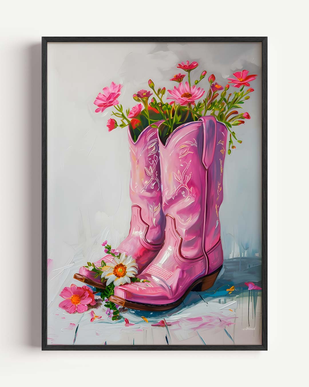 Roze Cowboylaars Bloemenpracht – Popart en Streetart portret poster als wanddecoratie
