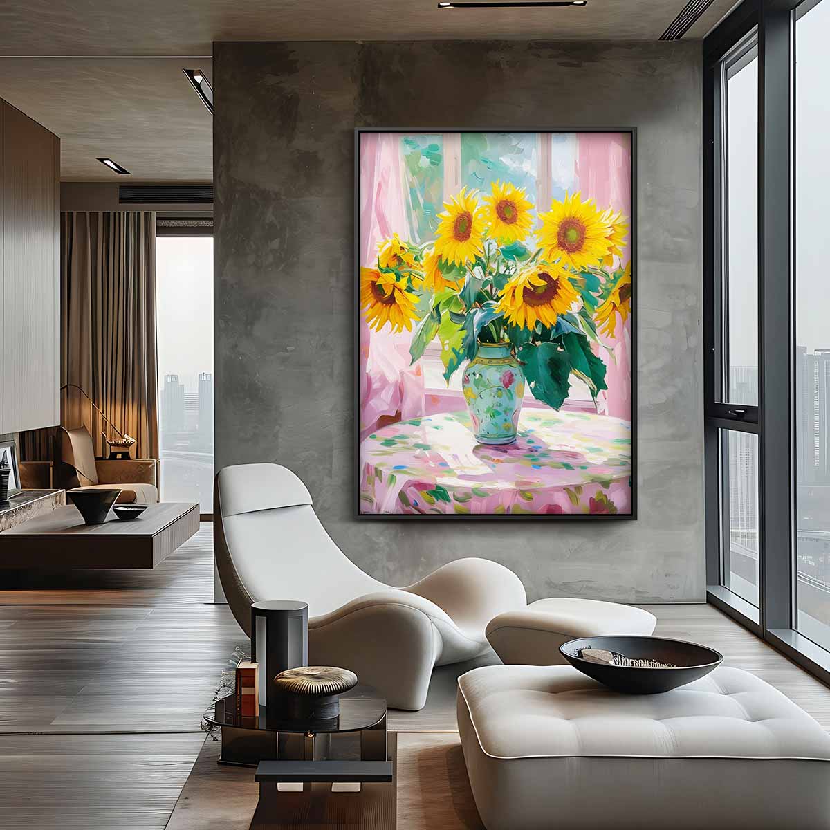 Zonnige Zonnebloemen in Vensterlicht – staande wandkunst voor woonkamer of interieur