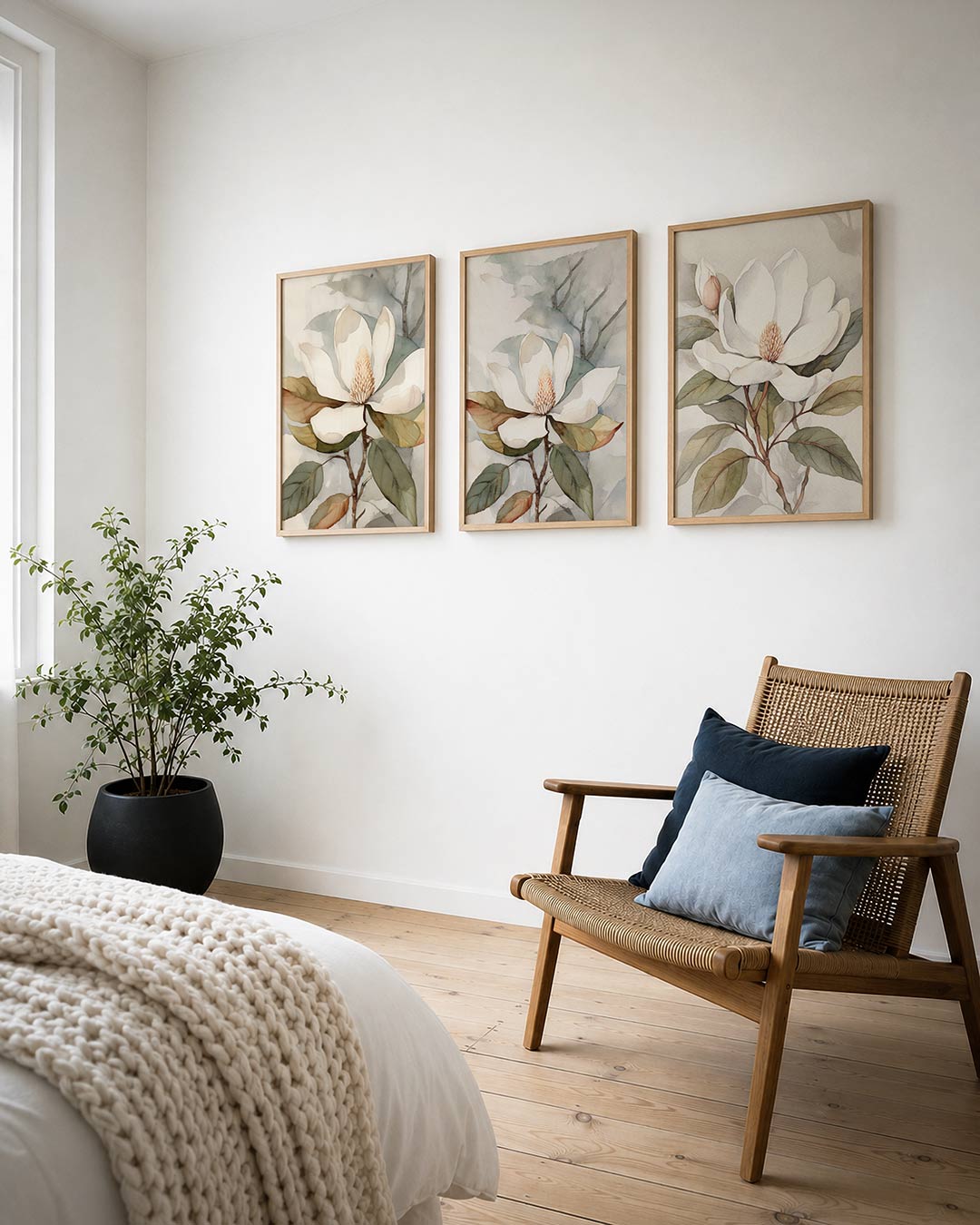 Bloem en bladeren posterset – derde productweergave – een zachte aquarel van een bloem met grote witte