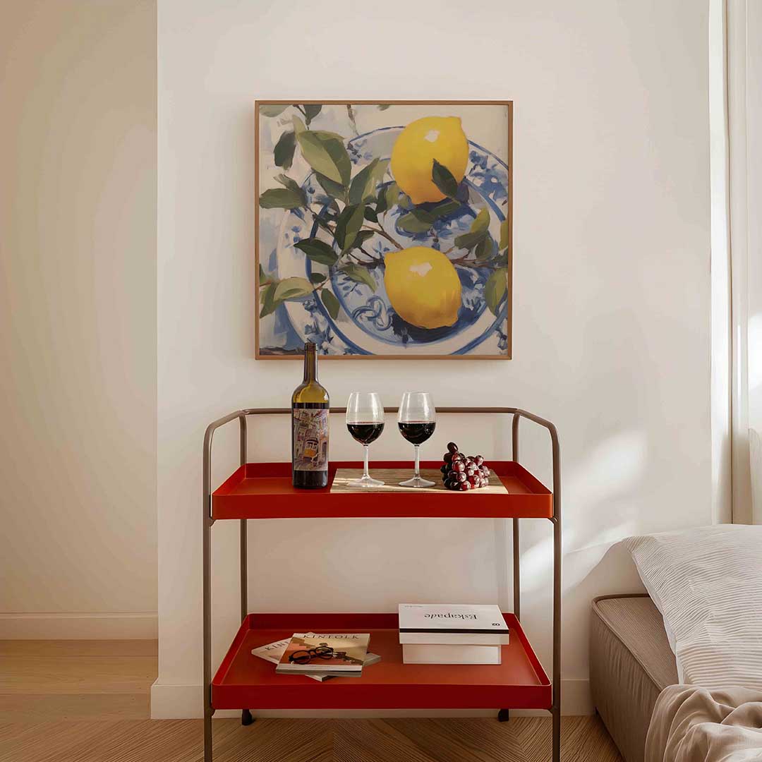 Citroenen op blauw wit bord – vierkante keuken wanddecoratie van WallArtistic