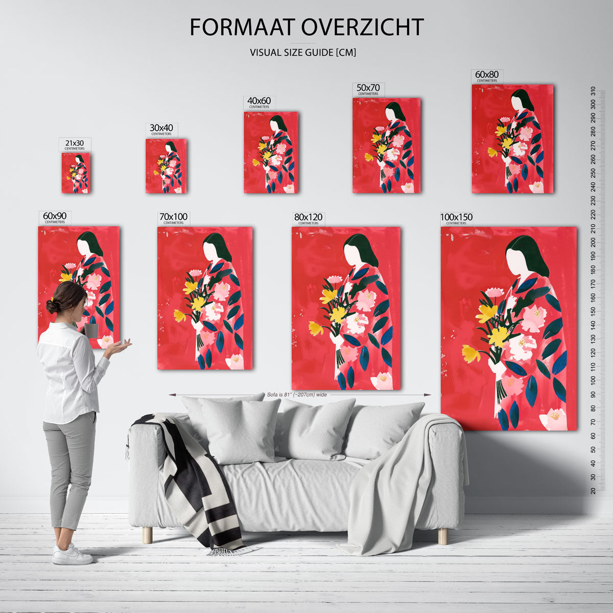Vrouw met bloemen – staande muurposter met kleurrijke illustratie