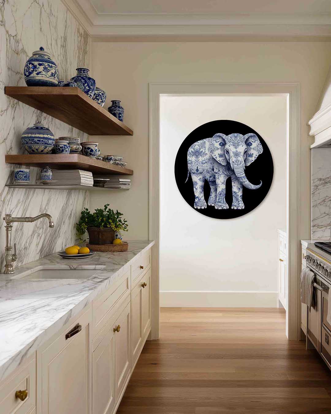 Olifant met bloemen – kleurrijke Pop Art muurcirkel voor aan de muur