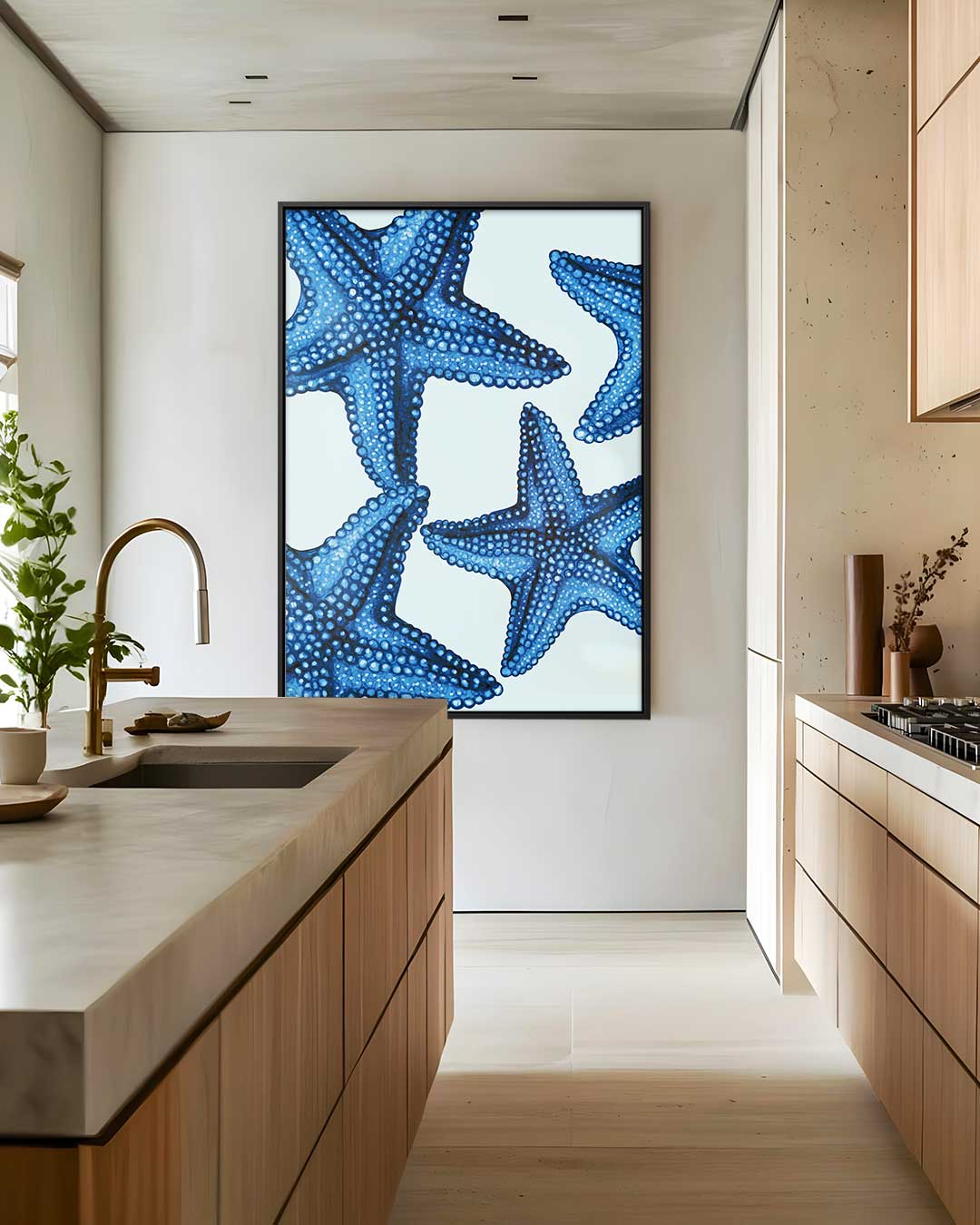 Blauwe zeesterren – staand kunstwerk voor modern interieur