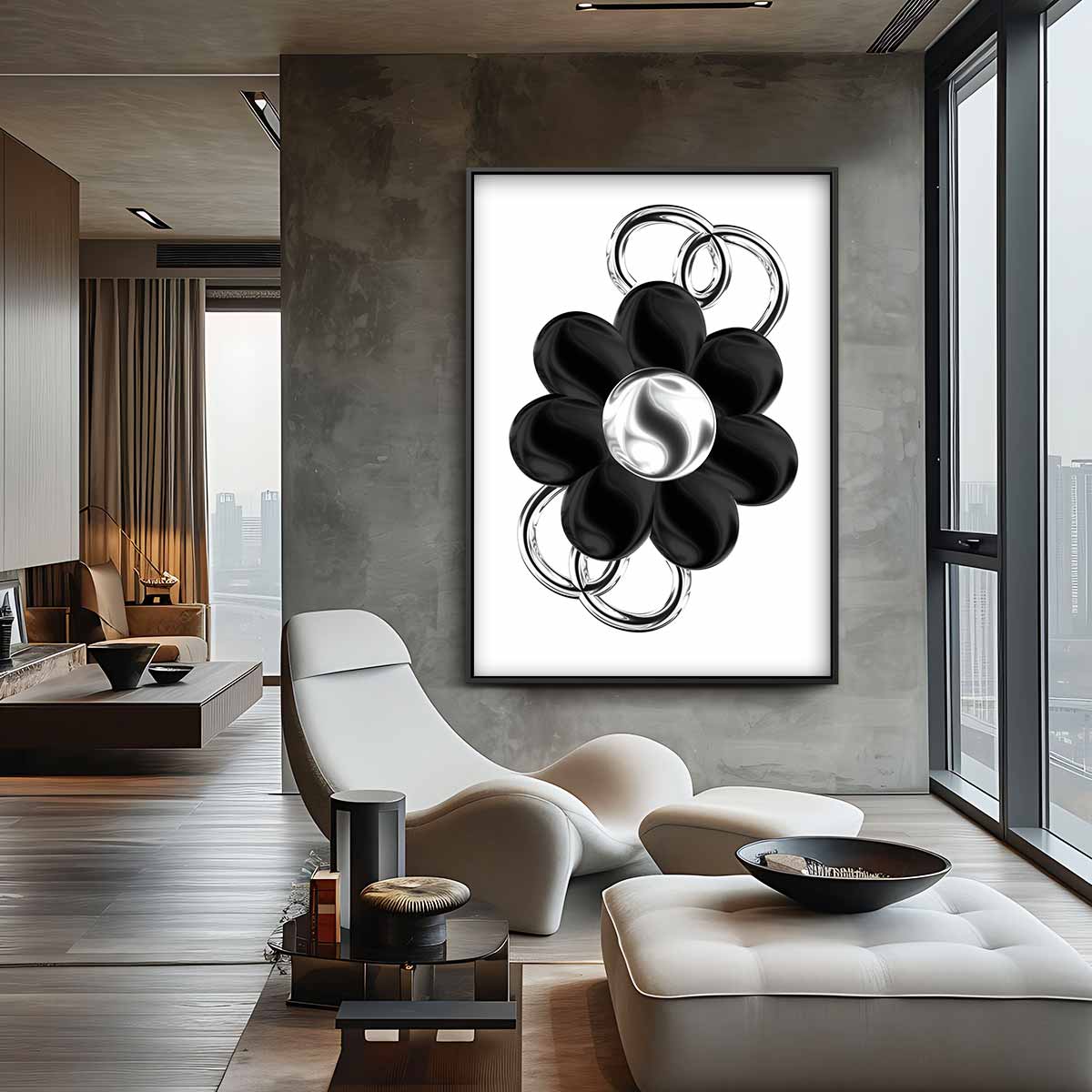 Bloem in Zilver en Zwart – plexiglas kunstwerk als wanddecoratie