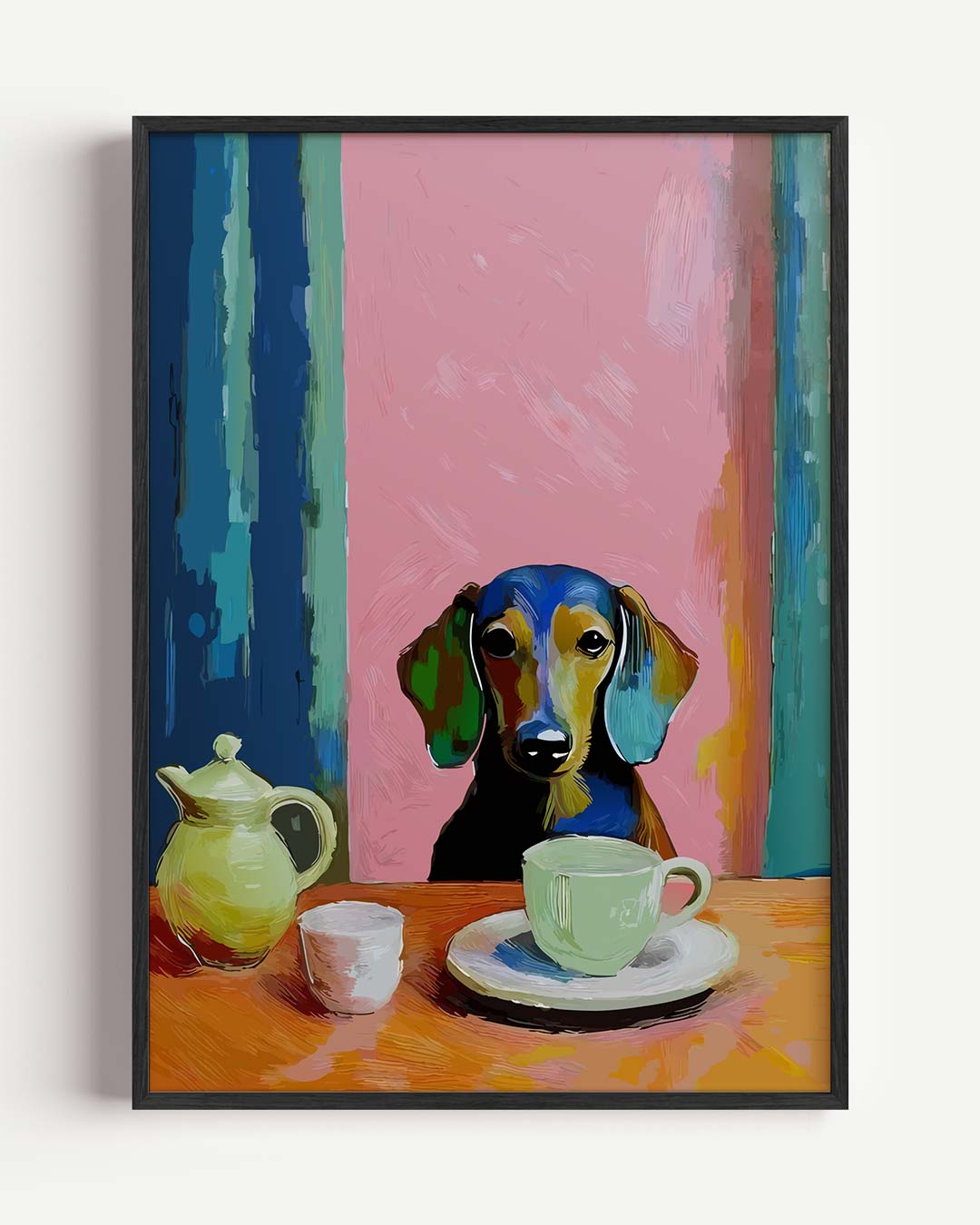 Koffiepauze met Hond – dieren portret poster als wanddecoratie