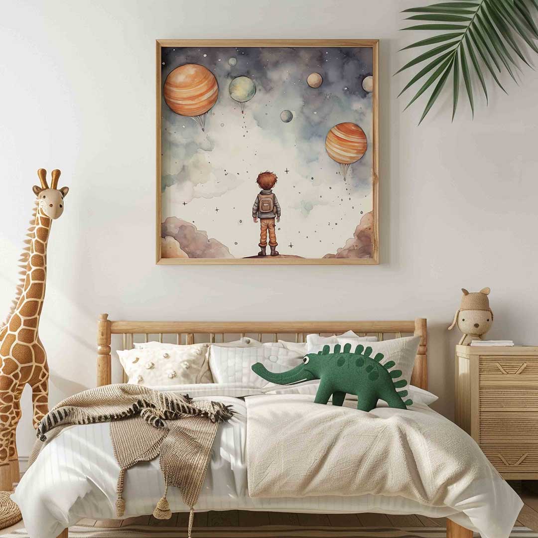Jongen met planeten – vierkante kinderkamer wanddecoratie van WallArtistic