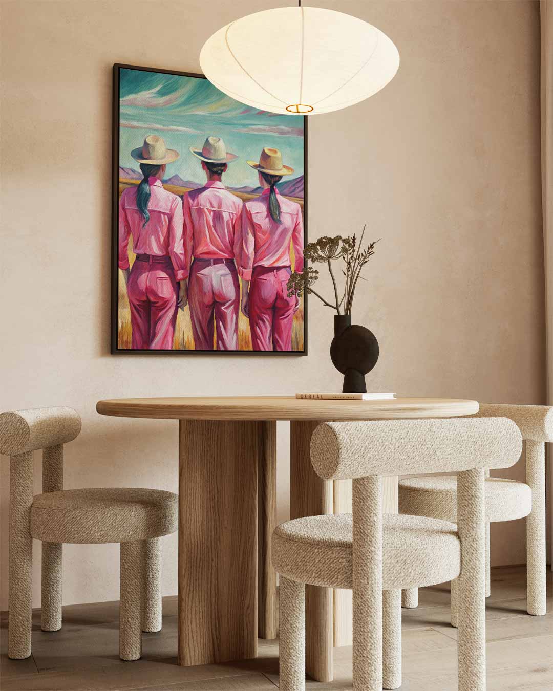 Trio in Roze Landschap – canvas wanddecoratie in portret formaat