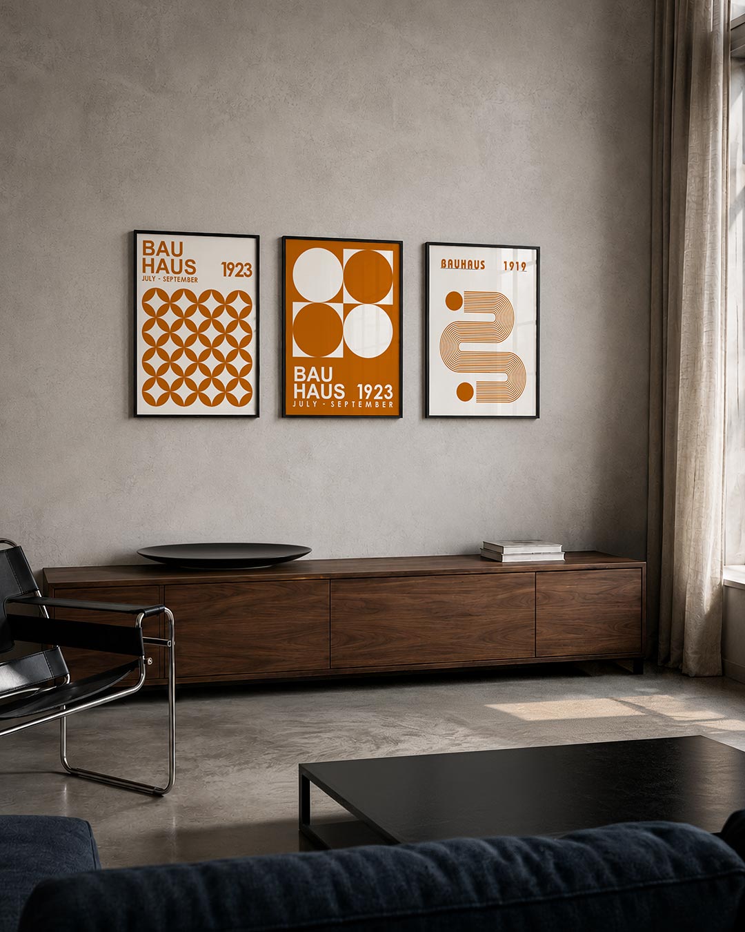 Vorm en ritme posterset – tweede productweergave – deze posterset in drie delen toont een speelse herhaling van oranje