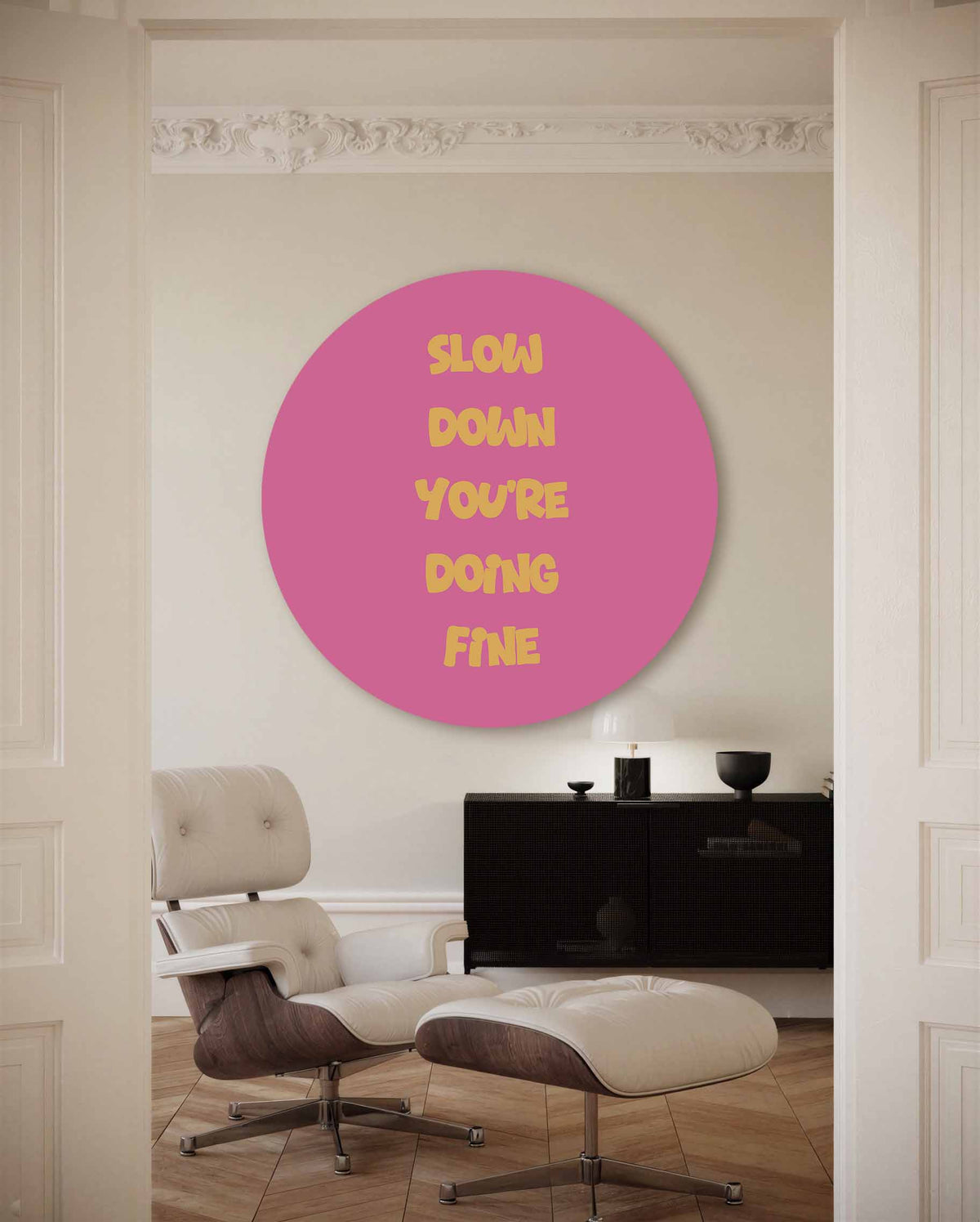 Slow down you're doing fine – kleurrijke Pop Art muurcirkel voor aan de muur