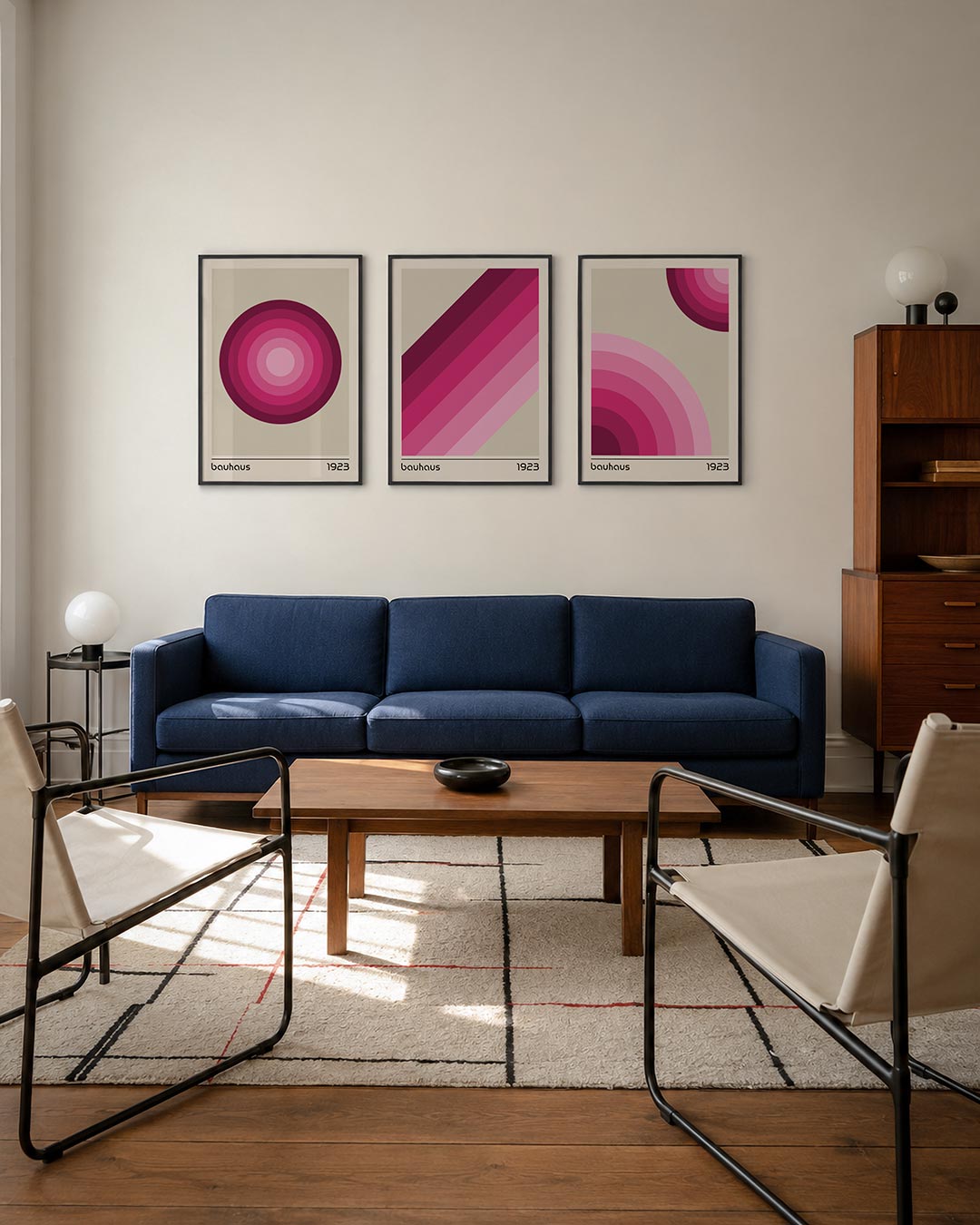 Cirkelvormige kleurvlakken driedelige posterset – deze posterset in drie delen toont concentrische cirkels in roze en paarse
