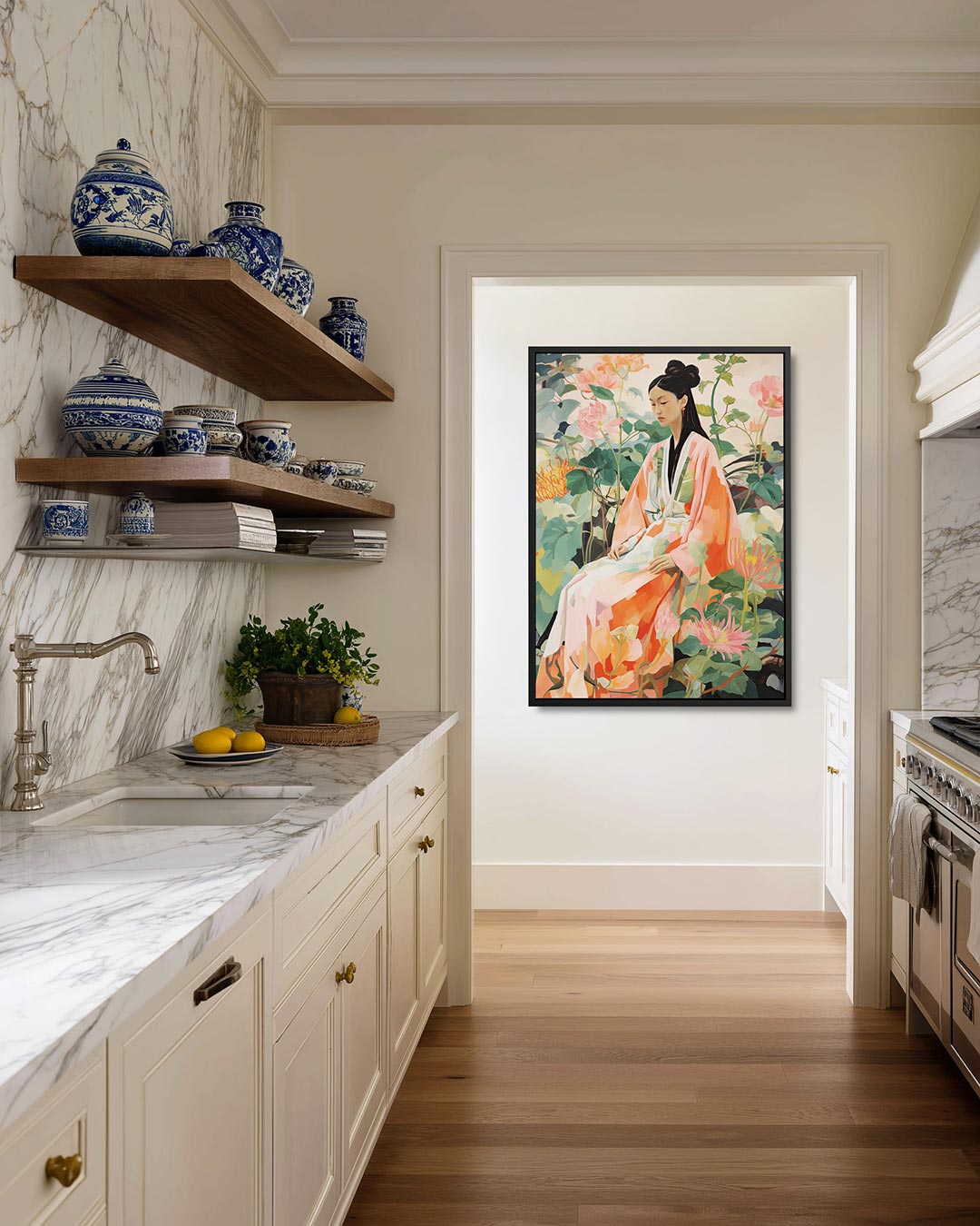 Vrouw in bloemen – kunstwerk als stijlvolle wanddecoratie