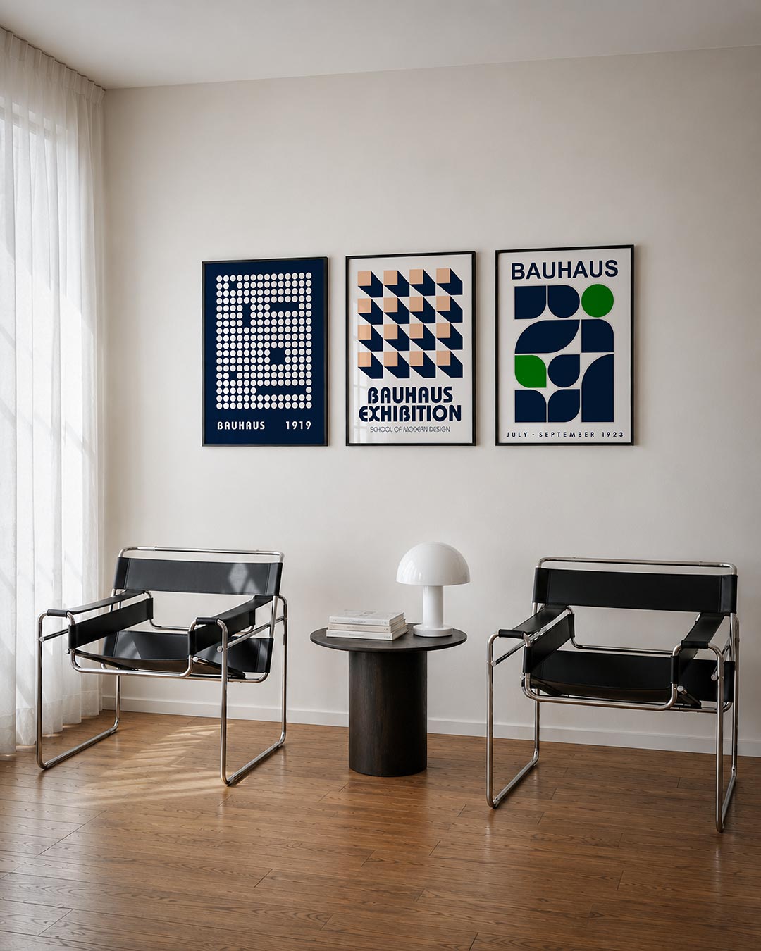 Cirkelpatroon blauw driedelige posterset – een raster van witte cirkels op een diepblauwe achtergrond, met subtiele openingen