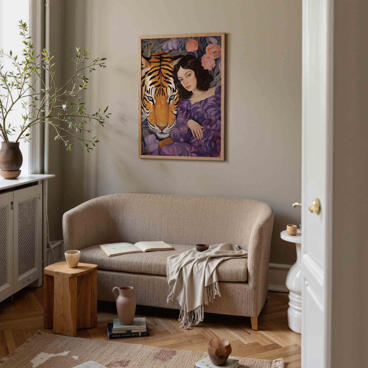 Tijger en vrouw – botanische poster in staand formaat