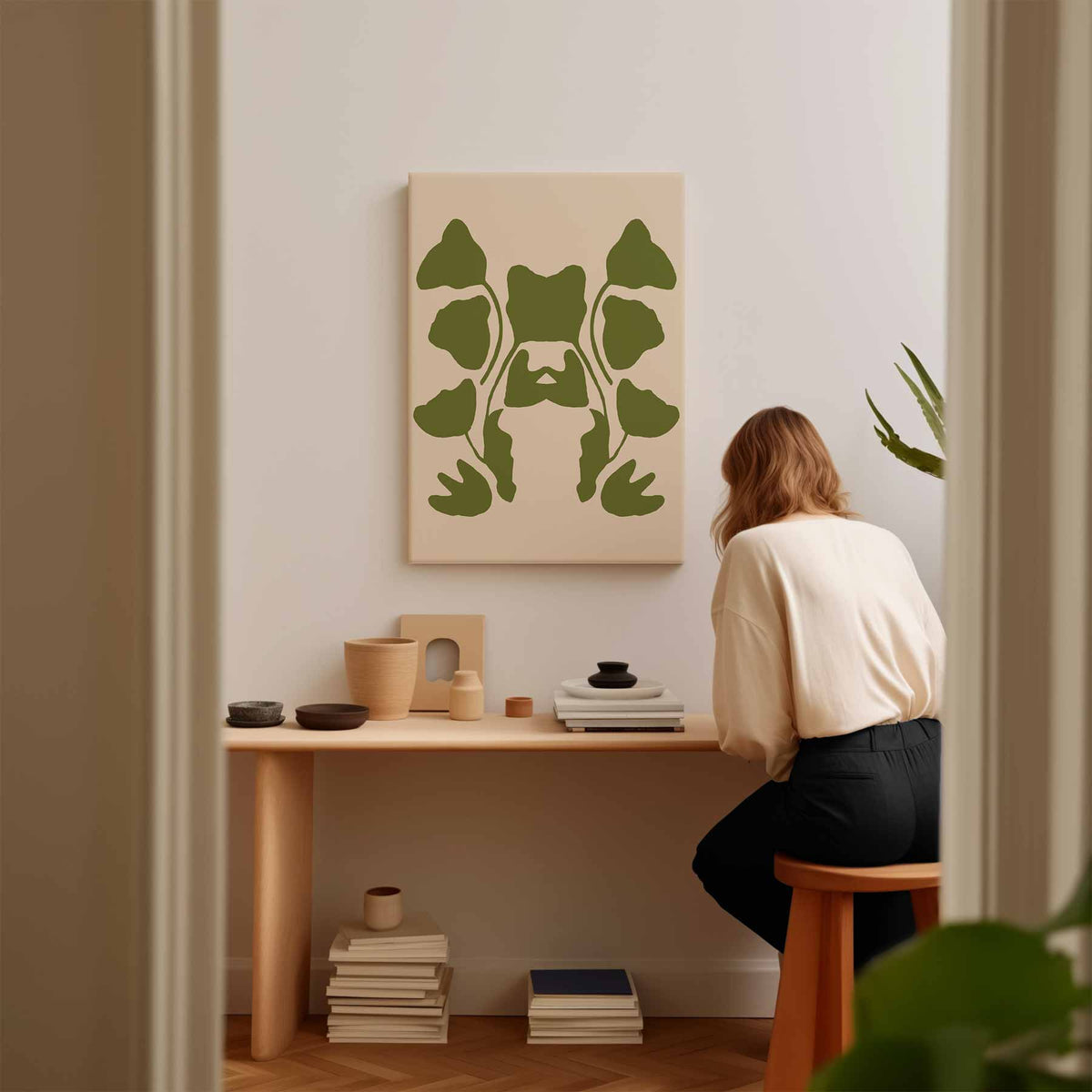 Speelse Symmetrie in Groen – staand kunstwerk voor modern interieur