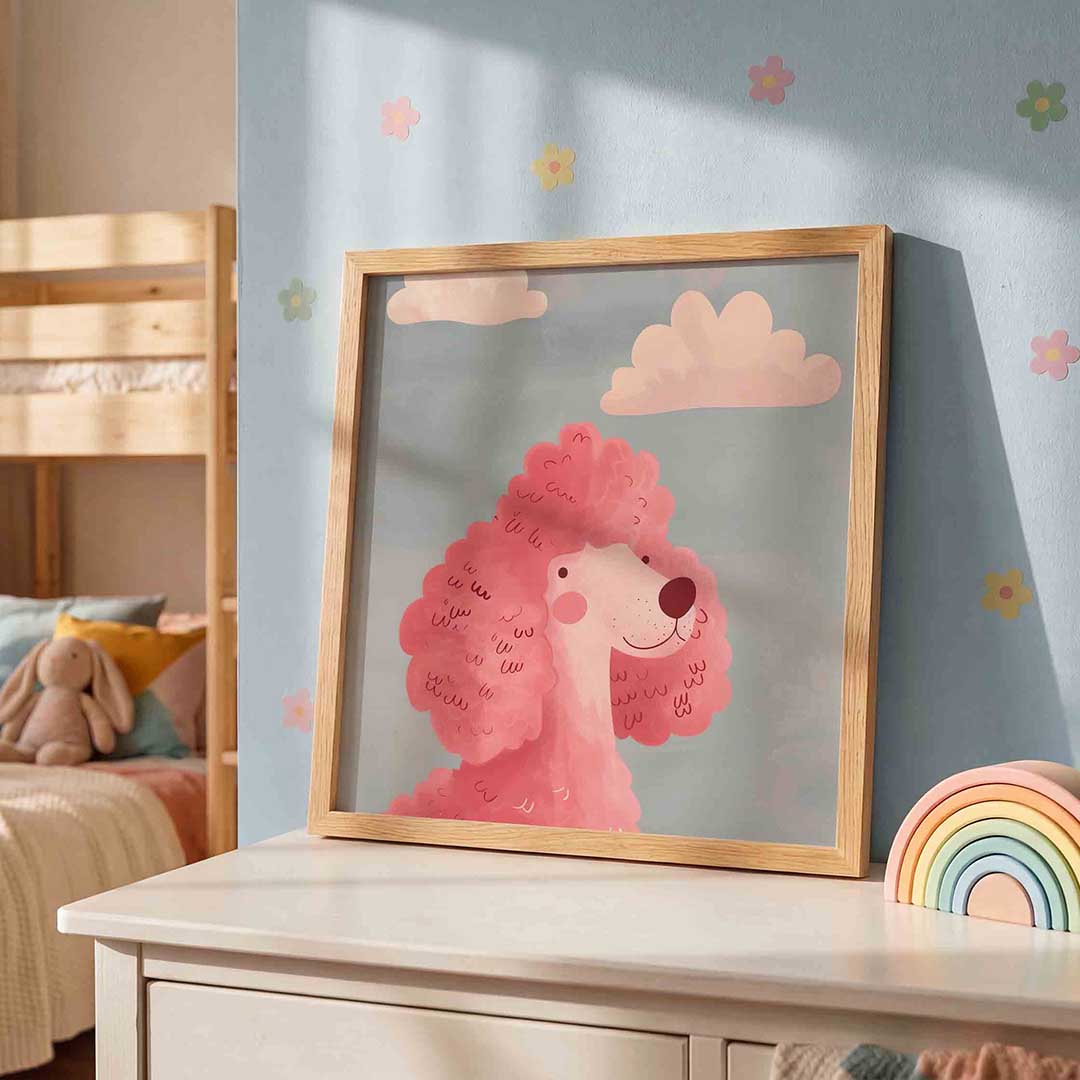 Roze poedel – speelse wandkunst als vierkante kinderposter