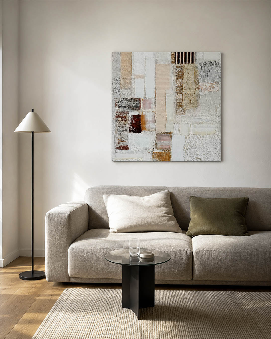 Textuur en lagen kunstwerk – vierkante wanddecoratie – dit werk toont een compositie van rechthoekige vormen in zachte