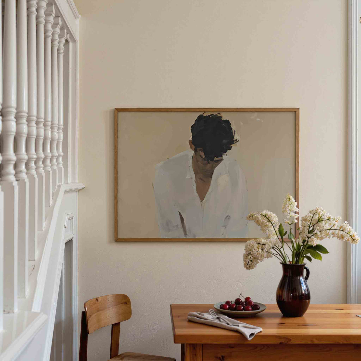 Man met gebogen hoofd – liggende illustratie poster als wanddecoratie
