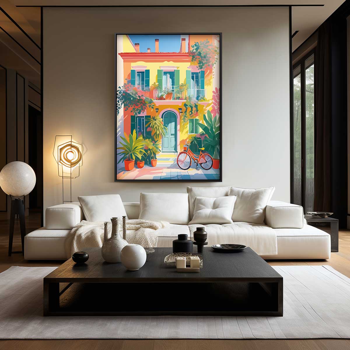 Zomerse gevel met fiets – kunstwerk met zwarte baklijst