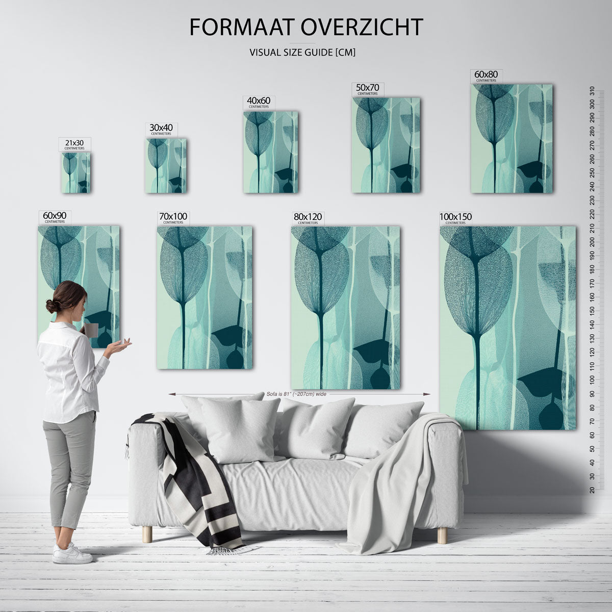 Bladvormen in blauw – staande muurposter met abstracte vormen