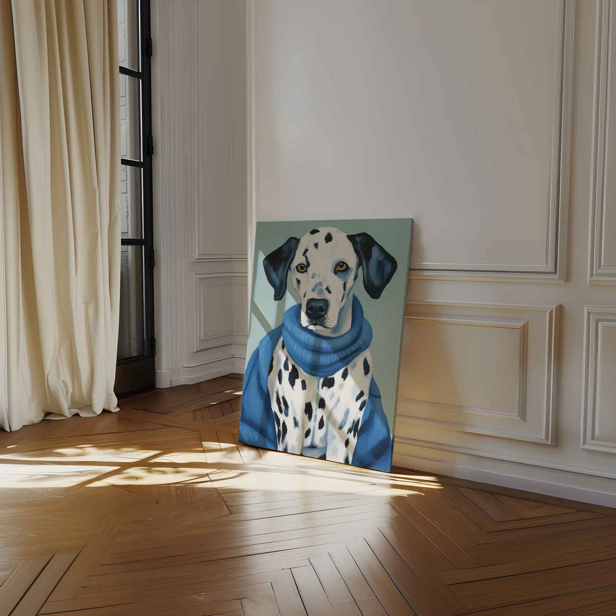 Modieuze Dalmatiër in Blauw – staand kunstwerk voor modern interieur