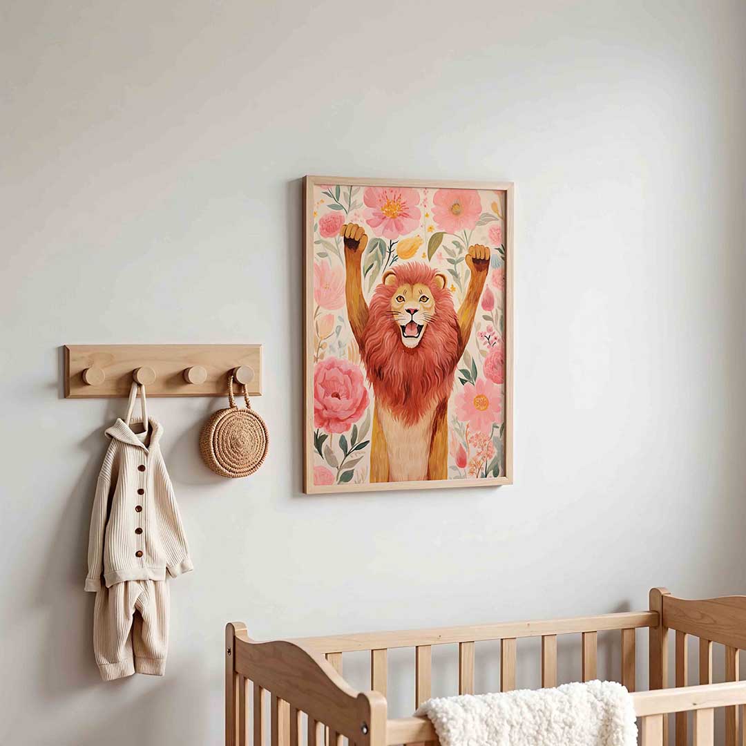 Leeuw en bloemen – kinderposter in staand formaat